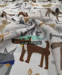 Köpekler Baskılı %100 Pamuk Muslin Parça Kumaş