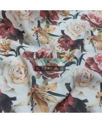 Baskılı %100 Pamuk Müslin Kumaş | Beyaz Gül