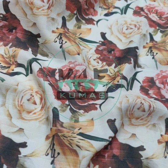 Baskılı %100 Pamuk Müslin Kumaş | Beyaz Gül