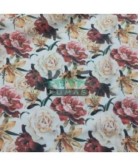 Baskılı %100 Pamuk Müslin Kumaş | Beyaz Gül