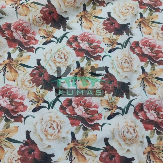 Baskılı %100 Pamuk Müslin Kumaş | Beyaz Gül