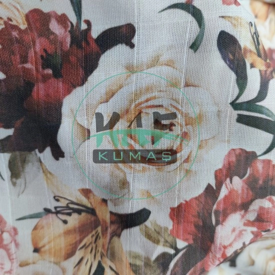 Baskılı %100 Pamuk Müslin Kumaş | Beyaz Gül