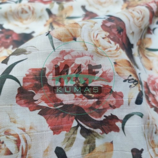 Baskılı %100 Pamuk Müslin Kumaş | Beyaz Gül