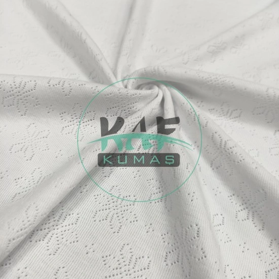 Delikli Ribana Kumaş | 100% Pamuk | Beyaz Çiçek